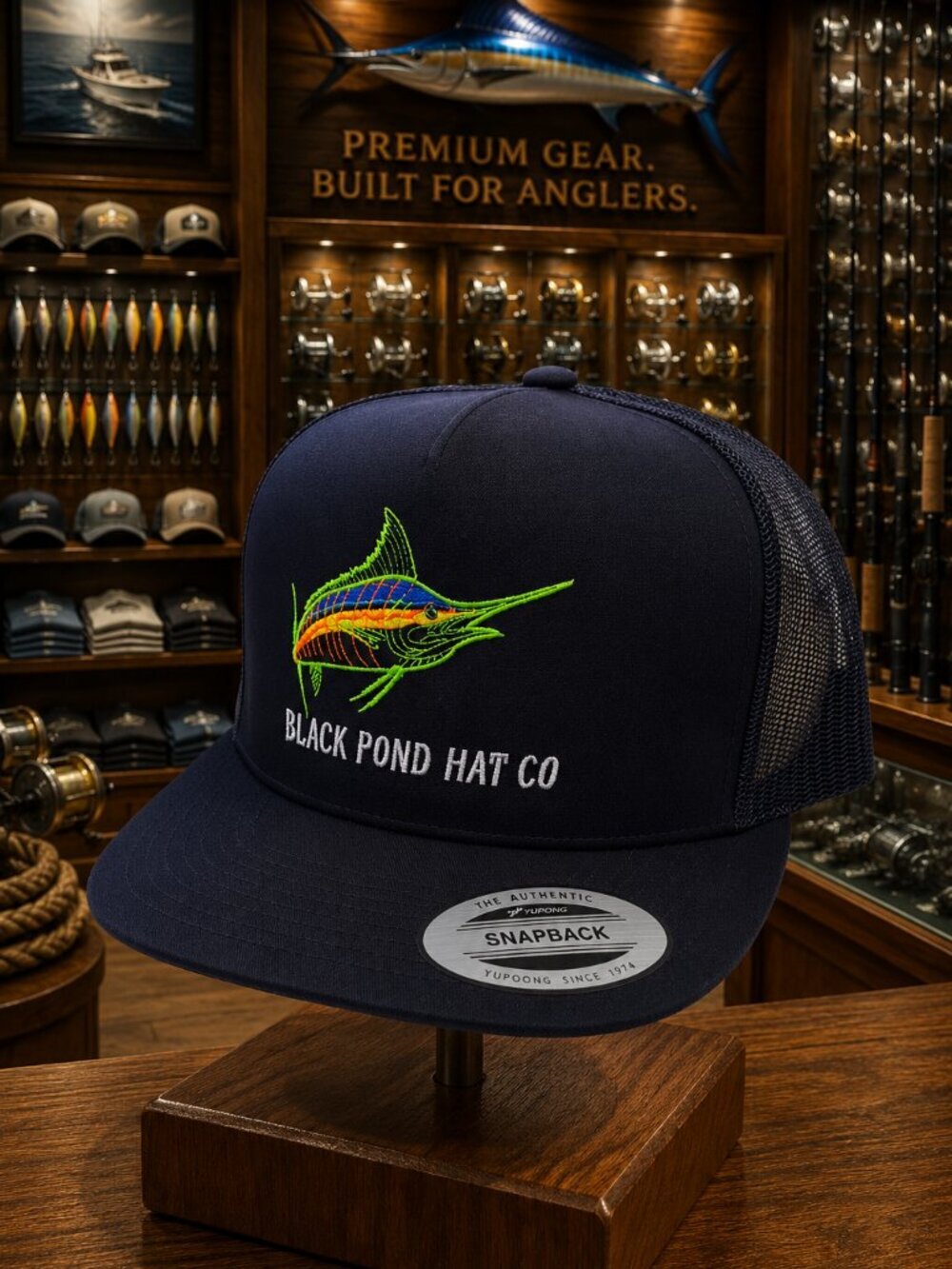 Black Pond Hat Co. Marlin Fish Flat Bill Trucker Mesh Snapback